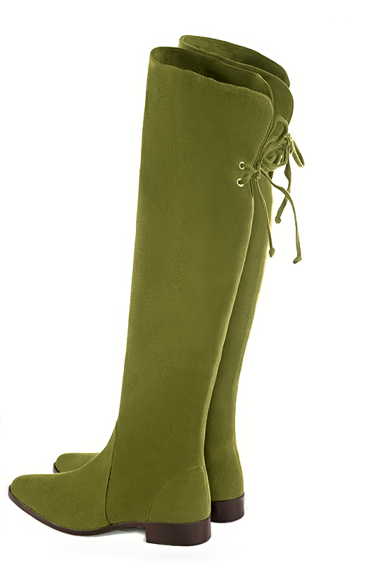 Pistachio green women's leather thigh-high boots. Round toe. Flat leather soles. Made to measure. Rear view - Florence KOOIJMAN